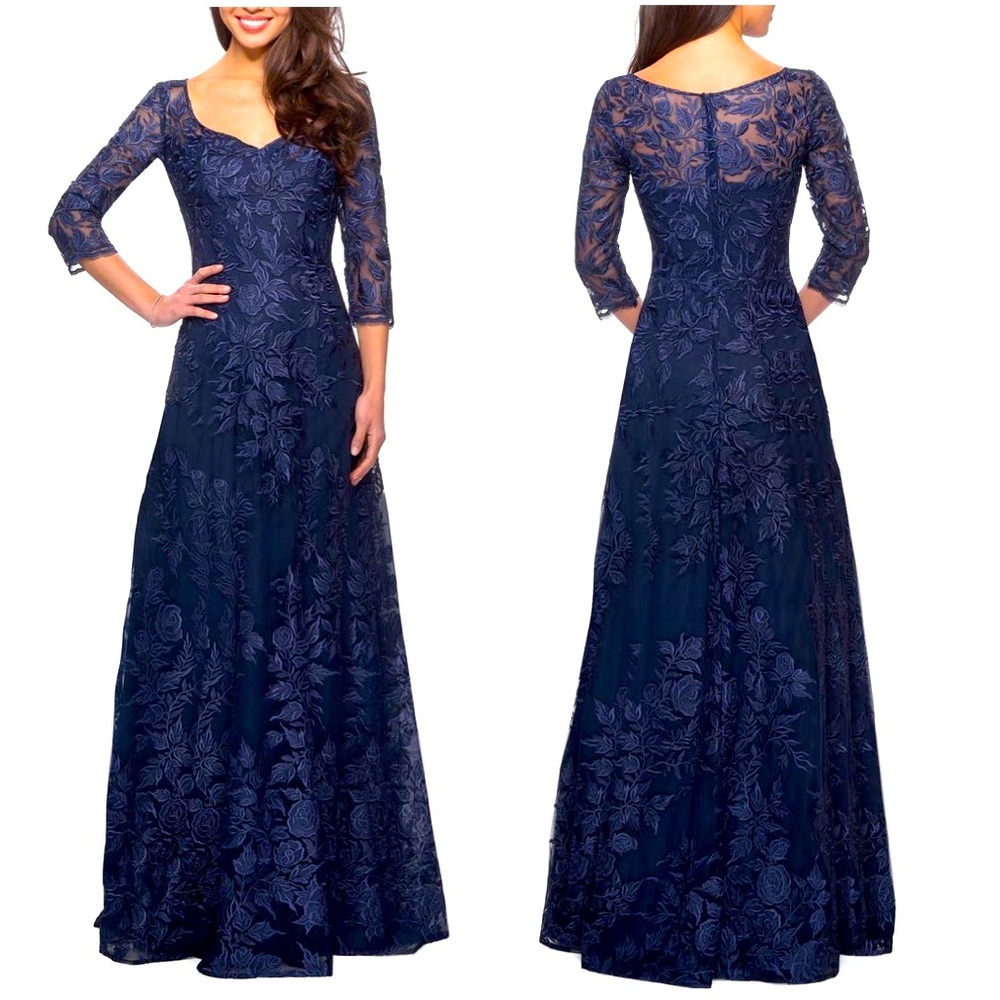 Floral Embroidered Mesh A-Line Gown
LA FEMME